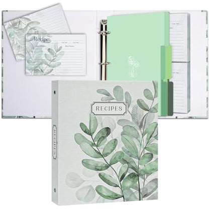 3 Ring Binder, 8.5x9.5, Full Page Binder Set with 25 Pages, 50 Recipe Cards & 6 Dividers - color: Leaves, size: Medium