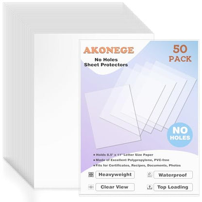 AKONEGE 50 Pack No Holes Sheet Protectors 8.5 x 11 Inch Letter Size Page Protectors for Documents, Prints, Top Loading Heavyweight Clear View Plastic Sleeves for Papers, Artworks, Photos