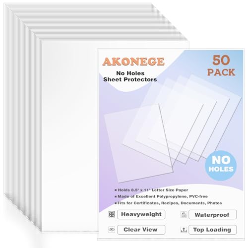 AKONEGE 50 Pack No Holes Sheet Protectors 8.5 x 11 Inch Letter Size Page Protectors for Documents, Prints, Top Loading Heavyweight Clear View Plastic Sleeves for Papers, Artworks, Photos