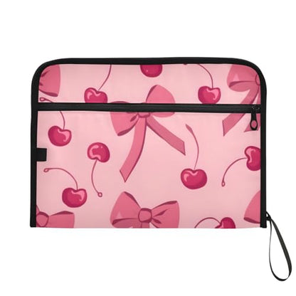 Expanding File Folder Bow Cherry Pink Accordion File Organizer 13 Pockets Document Organizer with Zipper Labels A4 Letter Office Storage