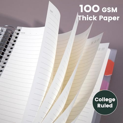 5 Subject Notebook College Ruled Spiral Notebook with Divider Tabs 300Page | Thick 100GSM paper offers smooth writing,inner pocket stores loose papers and notes,perfect for school,office and planning - color: Blue