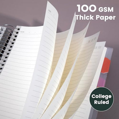 5 Subject Notebook College Ruled Spiral Notebook with Divider Tabs 300Page | Thick 100GSM paper offers smooth writing,inner pocket stores loose papers and notes,perfect for school,office and planning - color: Green