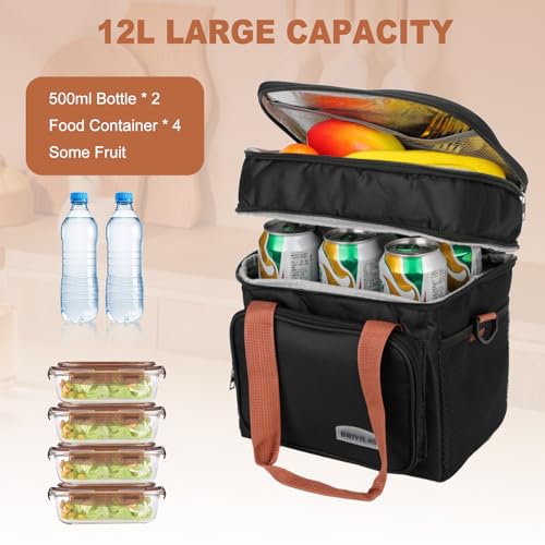 Men's and Women's Lunch Box - Double layer Insulated Lunch Bag, Insulated Inner Lining, Portable Cooler for Work, Travel, or Picnicking, Black