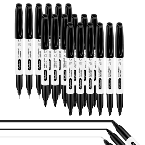 Permanent Markers 18 Set, 6 Fine Tip, 6 Ultra Fine, 6 Chisel Tip Black Markers Work on Metal Wood Glass, Waterproof, Quick Drying, Fade Resistant, Perfect for School Office - color: 3 Fine Tips-black