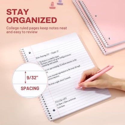 SUNEE Spiral Notebooks, 3 Pack, 1-Subject, College Ruled Paper, 8" x 10-1/2", 70 Sheets per Notebook, Pink - color: Pink