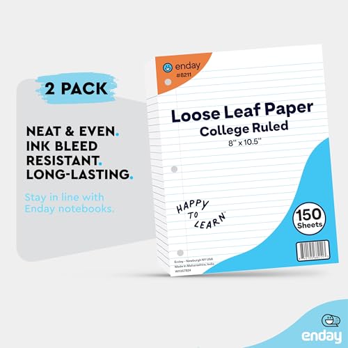Loose Leaf Paper Notebook Paper, 8" x 10.5" Filler Paper White, 3 Hole Punched Binder Paper for 3 Ring Binders, Lined Paper 150 Sheets Per Pack - By Enday (2 Pack, College Ruled) - size: 2 Pack