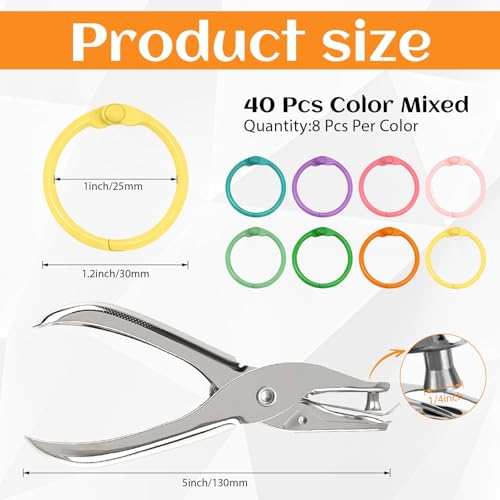 40 PCS Colorful Book Rings 1 Inch Binder Rings with Metal Single Hole Punch for Index Cards Flashcards, Metal Steel Notebook Paper Rings Keychain Rings for School Office Home