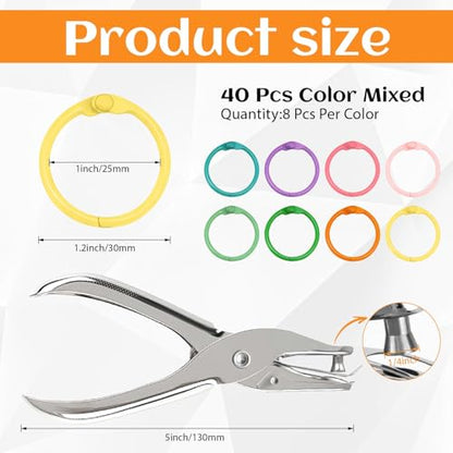40 PCS Colorful Book Rings 1 Inch Binder Rings with Metal Single Hole Punch for Index Cards Flashcards, Metal Steel Notebook Paper Rings Keychain Rings for School Office Home