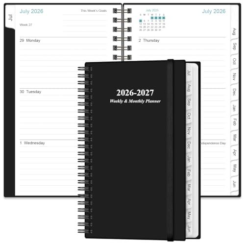 2026-2027 Pocket Planner/Calendar - 2026-2027 Planner from July 2026 - June 2027, Planner 26-27 with 12 Tabs, Twin-Wire Binding, Inner Pocket, 3.75" x 6.75, Black - color: Black, size: 3.75" x 6.75"