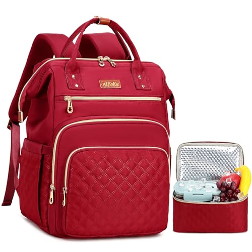 AIJIEKE Lunch Backpack for Women, 15.6 Laptop Backpack, Lunch Box, Red | Water resistant computer bag with insulated leakproof cooler. Travel meal prep backpack for nurse, teacher, college commute - color: Red