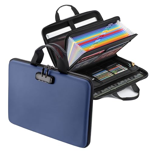 Fireproof Document Box with Lock, Hard-Shell Case Fireproof File Organizer with 13 Pocket Accordion File Folder, Portable Home Office Travel Safe Storage for Important Documents Laptop - color: Blue