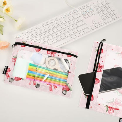 Binder Pencil Pouch for 3 Ring Binder Pencil Case Bags Strawberry Bows Cute with Zipper Girls Clear Window 2 Pack - color: Strawberry Bows Cute