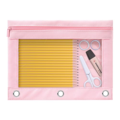 3 Ring Binder Pencil Pouch, Durable Pencil Case for School Supplies, Classroom Must Haves, 3-Hole Design Fits Binders, Zipper Closure, Ideal for Students/Back to School Pink - color: Pink