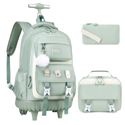 DIGOBAY 3-IN-1 Kids Rolling Backpack for Girls with Lunch Bag Pencil case, Green Kawaii Backpack with Wheels for Girls Roller School Bag with Wheels for Teen Elementary School Bookbags with Cute Pins - color: Green