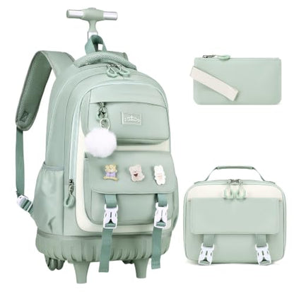 DIGOBAY 3-IN-1 Kids Rolling Backpack for Girls with Lunch Bag Pencil case, Green Kawaii Backpack with Wheels for Girls Roller School Bag with Wheels for Teen Elementary School Bookbags with Cute Pins - color: Green