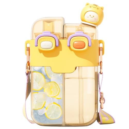 Cute Water Bottle for Kids: 26oz Kawaii Water Bottle for Girls, Funny Bear Water Bottles with Straw and Strap, Dual Compartments Leak-proof Plastic Drinking Cup for School Sport Travel (Yellow) - color: Yellow