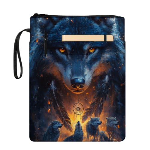 Padded Book Sleeve with Zipper & Front Pocket, Fabric Book Cover | Fantasy Wolves Fire Forest11.4"x8.7" Washable Canvas Pouch for Hardcovers, Tablets & Reading Accessories - color: Fantasy Wolves Fire Forest