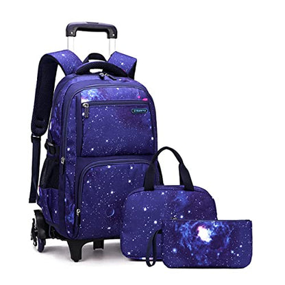 VIDOSCLA Elementary Galaxy Teens Rolling Backpack Kids Boys Luggage with Wheels Trolly BookBag for School-6 Wheels - color: Sky Blue-3pcs 6 Wheels, style: 6 Wheels 3pcs