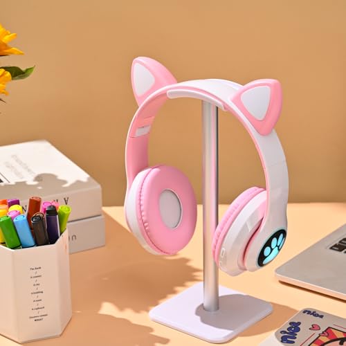 Bluetooth Noise Cancelling Headphones for Kids,Foldable Cat Headphone with LED Light Up Ear,Cat Ear Headphones for Toddler with Microphone/TF Card,Kids Bluetooth Earphones for ipad - color: Pink