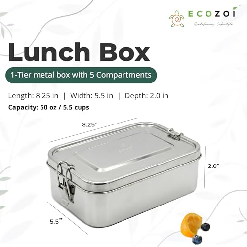 ecozoi 5 Compartment Stainless Steel Bento Lunch Box for Adults & Kids, 50 oz Leakproof Metal Meal Prep Container with Bonus Sauce Cup, BPA Free Eco Friendly, Dishwasher Safe for School, Work, Office - size: 5 Compartment 50 Oz