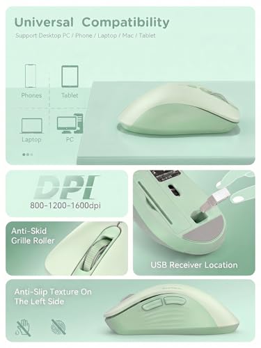 RAPIQUE Bluetooth Wireless Mouse, Dual Bluetooth & 2.4GHz USB Receiver, Right-Hand Design, Quiet Clicks, Low Power, Multi-Device Compatibility for MacBook, Laptop, Computer, iPad, PC - Sage Green - color: Sage Green