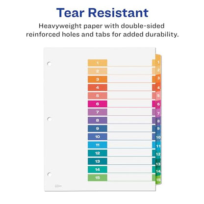Avery 15 Tab Dividers for 3 Ring Binders,Customizable Table of Contents,Multicolor Tabs,6 Sets (11197),(Pack of 6) - size: 6 sets (Pack of 6)