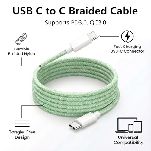 USB C to C Charger Cable, 60W, 6FT, 2-Pack, Green | Fast Charging, Braided Nylon, for iPhone 17/16/15, MacBook iPad, Galaxy S25/S24 - color: Green, size: 6FT+6FT