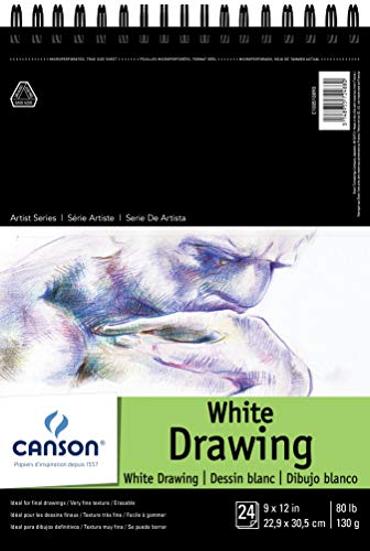 Canson Artist Series Drawing Paper, Wirebound Pad, 9x12 inches, 24 Sheets (80lb/130g) - Artist Paper for Adults and Students - Charcoal, Colored Pencil, Ink, Pastel, Marker - size: 9x12, style: White Drawing