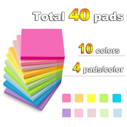 (40 Pads) Sticky Notes 3x3 in,Bright Colors Notepads,Colorful Stickies | Super Sticking Power,Memo Note Pads,Post on Windows Doors,Office,School,Strong Adhesive,Recyclable,Easy to Write