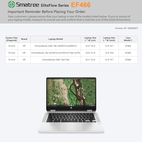 Smatree EliteFlow Laptop Sleeve for 14 inch HP Chromebook x360 14a/14at/x360 14b-cb0047nr/cb0097nr, for HP Chromebook 14a-na1047nr/-na1097nr/14at-na100, Protective Laptop Case with Pocket (EF466) - size: 2.09| for HP 14" Chromebook x360/Chromebook(EF466)