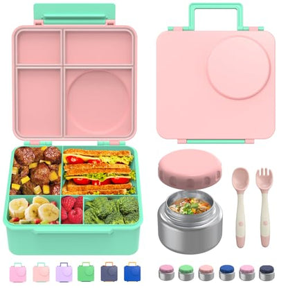 Bento Box for Kids - Leak-Proof Bento Lunch Box with Insulated Thermo Food Jar - 4 Compartments, 1 Removable Divider, 1 Spoon, 1 Fork - Dishwasher Safe, BPA-Free (Light pink) - color: Light Pink