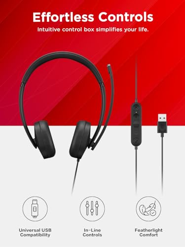Lenovo USB-A Wired Stereo Headset for PC/Laptop, AI Noise Canceling via APP, 140g Lightweight, Replaceable Earcups, Double-Sided Boom Mic, in-line Controls with Mute for Call. Work with Teams/Zoom