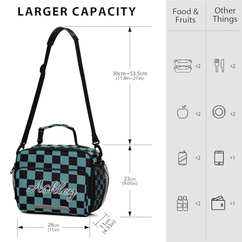 Custom Student Lunch Bag for Boys Girls Teal Black Checkered Personalized Lunch Box With Name Insulated Cooler Bag for School Picnic Travel - color: Multi03
