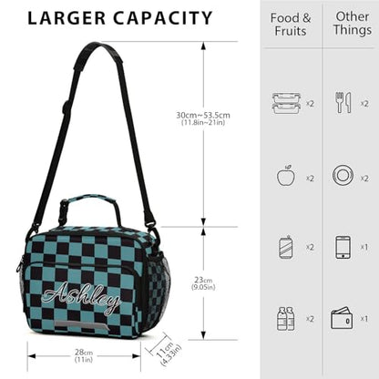 Custom Student Lunch Bag for Boys Girls Teal Black Checkered Personalized Lunch Box With Name Insulated Cooler Bag for School Picnic Travel - color: Multi03