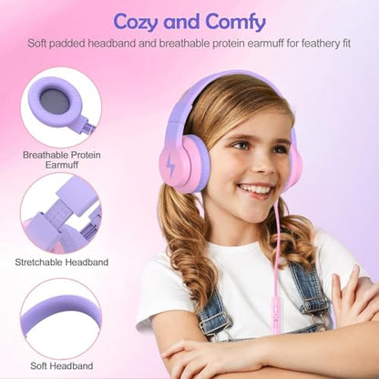 Candy Bila Kids Headphones, Wired Headphones for Kids Over Ear with Microphone, 85/94dB Volume Headphones for Girls Boys, Foldable Headphones for Learning & Entertainment - color: Gradient Blue, Gradient Purple