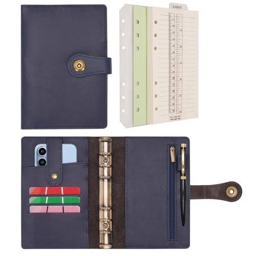 Wonderpool A6 Binder Journal Leather Spiral Notebook Refillable College Ruled Paper, Budget Binder Rings Diary Organizer with Pen for Office School Travel Business Planning Writing (Blue,A6) - color: Blue, size: A6