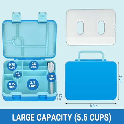 Kids Bento Lunch Box with Ice Pack, 5 Compartments Leak-Proof Bento Box with Utensils, 5.5-Cup Capacity for Adults & Ages 8+, BPA Free, Microwave & Dishwasher Safe, Blue - color: Blue