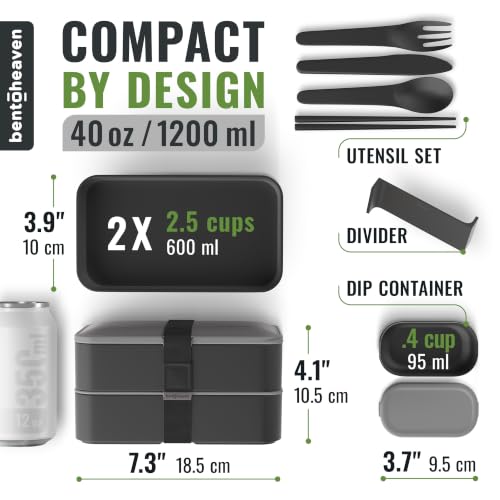 Bentoheaven Bento Box Adult, Stackable Lunch Box, 40 oz, Whispering Gray | BPA-free, leakproof and microwave-safe with 2 compartments, utensils, chopsticks, divider and sauce cup for men and women. - color: Whispering Gray