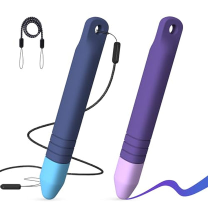 Kid-Friendly Stylus Pens for Touch Screens with Tethers - Mixoo Anti-Rolling Tablet Stylus 2 Pack for Kids, Compatible with iPad, iPhone, Tablets, Kindle and All Touch Screen Devices (Blue+Purple)