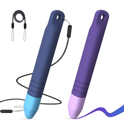 Kid-Friendly Stylus Pens for Touch Screens with Tethers - Mixoo Anti-Rolling Tablet Stylus 2 Pack for Kids, Compatible with iPad, iPhone, Tablets, Kindle and All Touch Screen Devices (Blue+Purple)