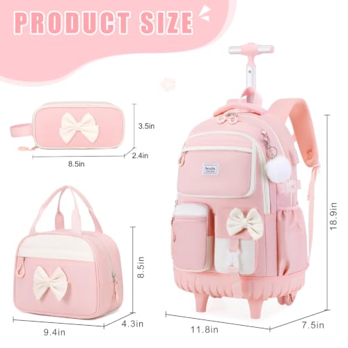 Bevalsa Rolling Backpack for Girls, Roller Backpack with Wheels, Cute Bow Wheeled School Bookbag Set with Lunch Bag & Pen Case, Suitcases for Kids Teens Elementary Middle Student (Pink Beige) - color: Pink Beige