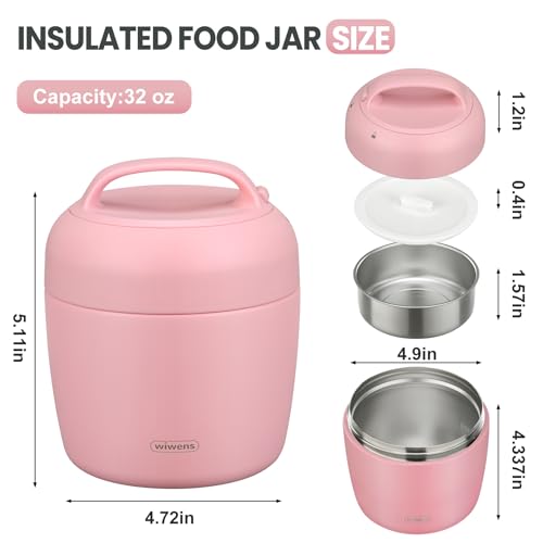 wiwens Thermo Food Jar for Hot Food Adults 32OZ Soup Thermo Lunch Containers Wide Mouth Vacuum Insulated Stainless Steel Leakproof Bento Box with Spoon - color: Pink3