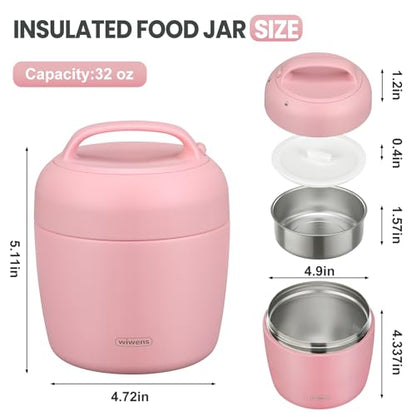 wiwens Thermo Food Jar for Hot Food Adults 32OZ Soup Thermo Lunch Containers Wide Mouth Vacuum Insulated Stainless Steel Leakproof Bento Box with Spoon - color: Pink3