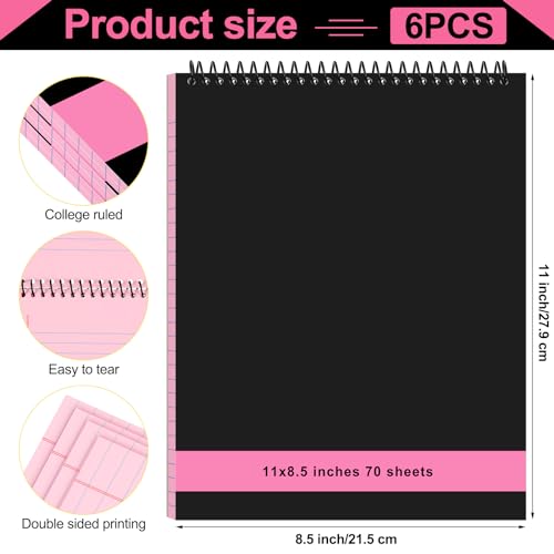 Resurhang 6 Pcs Legal Pad Top Spiral Bound Notebook 70 Sheets Double Sided College Ruled Paper Notepad Memo Steno Pad with Stiff Cover for Business College(8.5 x 11 Inches,No Holes,Pink) - color: Pink, size: 8.5 x 11 Inches, style: No Holes