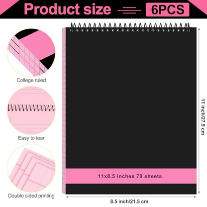 Resurhang 6 Pcs Legal Pad Top Spiral Bound Notebook 70 Sheets Double Sided College Ruled Paper Notepad Memo Steno Pad with Stiff Cover for Business College(8.5 x 11 Inches,No Holes,Pink) - color: Pink, size: 8.5 x 11 Inches, style: No Holes
