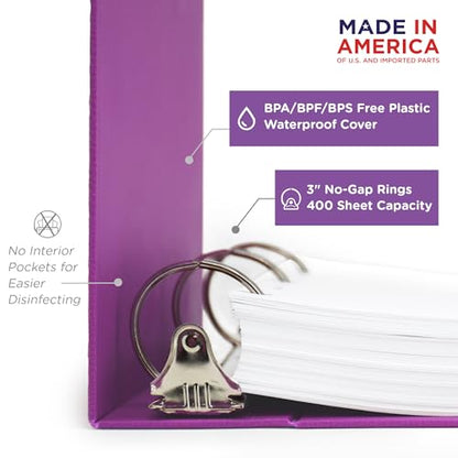 Carstens 3-Inch Heavy Duty 3-Ring Binder - Side Opening, Dewberry Purple, Durable Plastic, Precision No-Gap Rings, Waterproof Cover, No Pockets, Holds 400 Letter Sheets, BPA-Free Made in USA (1707-3R) - color: Purple, size: Case of 14