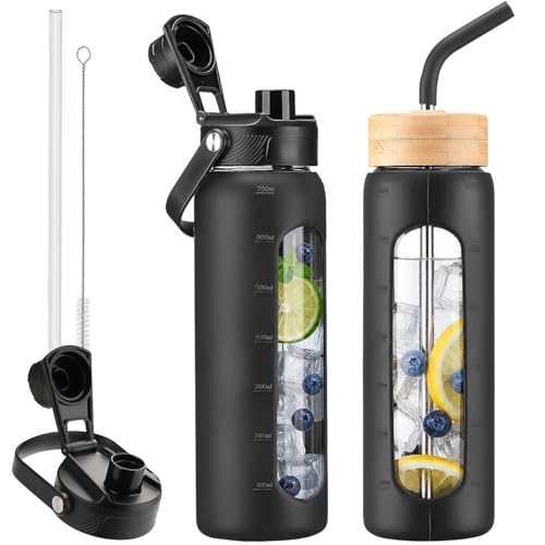 24 oz Glass Water Bottle with Straw – 2 Lids (Bamboo & Spout Lid), Motivational Borosilicate Glass Daily Water Intake Bottle with Time Marker, Silicone Sleeve for Gym Home Office-Black - color: Black, size: 24 Ounces