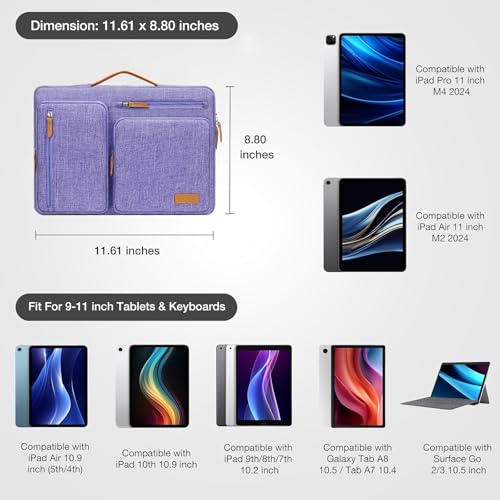 MOSISO 9-11 inch Tablet Sleeve Case for iPad A16 2025, iPad Air 11 inch M3 M2, iPad Pro 11 M4, iPad 10/9/8/7th, Galaxy Tab A9+/S9/S8/Plus 11, Side Open Carrying Bag with 4 Zipper Pockets, Purple - color: Purple, size: 11 inch