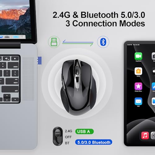 TECKNET Wireless Mouse, BT 5.0/2.4G, Rechargeable 6-DPI Silent, Black | Bluetooth 5.0/3.0 & USB A, 2-Device Easy Switch, Wide OS Compatible, 6 Buttons, 6-DPI up to 4800, Ergonomic for S to M Hands - color: Black