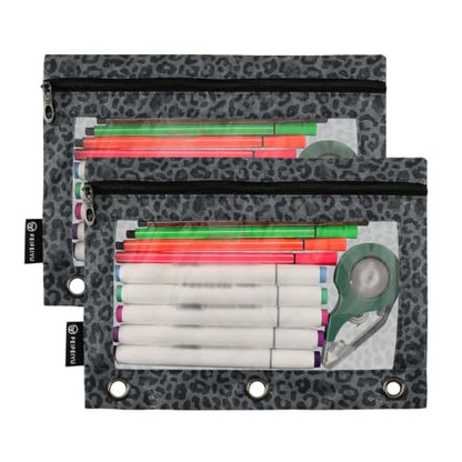 Gredecor 3 Ring Binder Pencil Pouch, Grey Black Leopard Cheetah Zippered Pen Case Pouches with Clear Window, 2 Pack Stylish Office & School Supplie - color: Grey Black Leopard Cheetah
